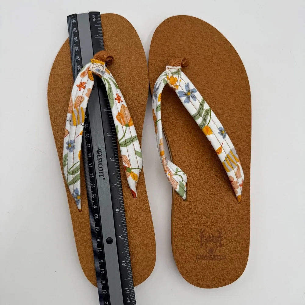 KuaiLu Flip Flops Yoga Mat Comfort Floral Sandals Womens Tan Arc Support Beach
